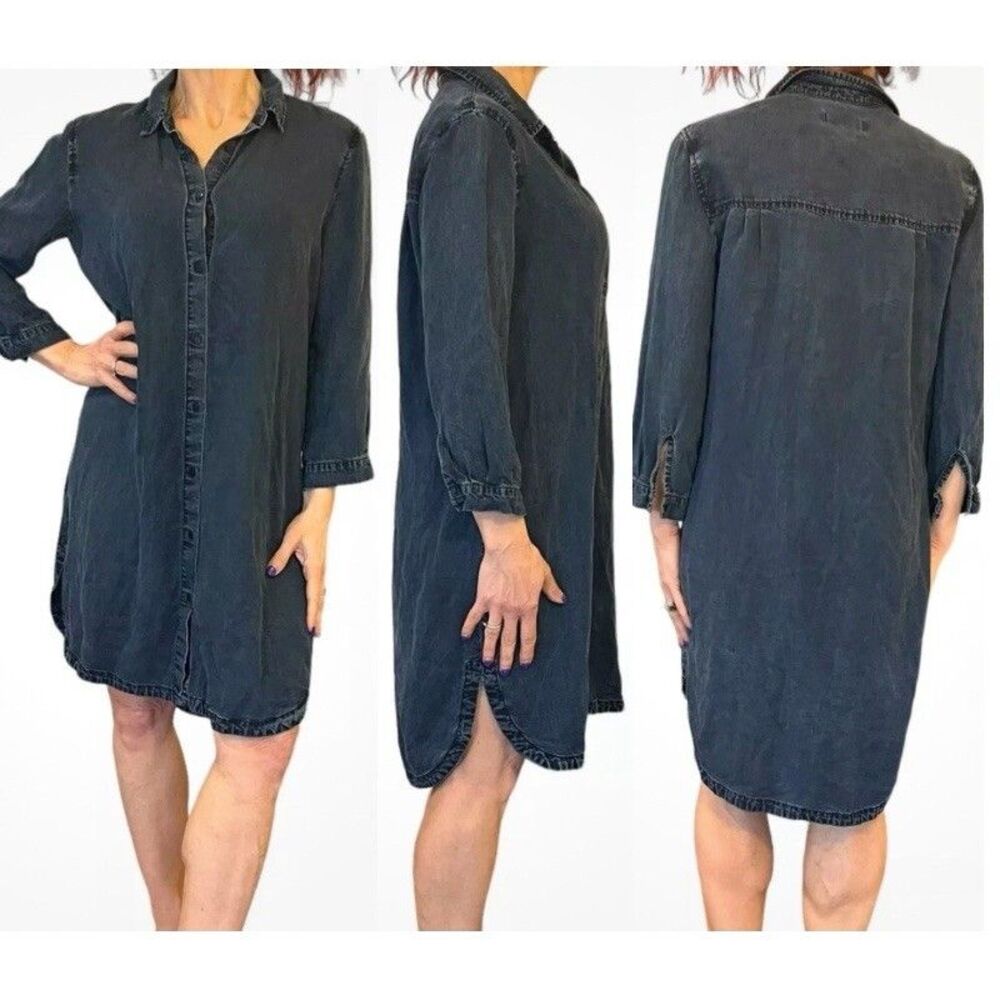 Zara Woman Denim Button Front Shirt Dress Large Army Green 3/4 Sleeves Lyocell - Picture 11 of 11